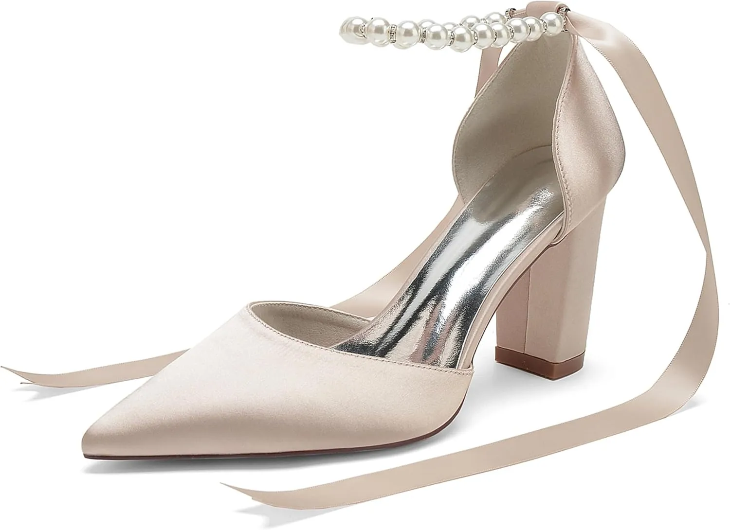 Bridal Chunky Heels Satin Pearls High Block Heel Wedding Shoes for Bride Pointed Toe Ribbons Women Pumps Evening Heeled Sandals 8.5Cm