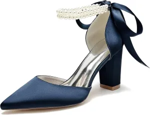 Bridal Shoes Block Heel Wedding Shoes Satin Evening Party Pumps Sandals Bride Pointed Toe Pearl Wedding Heels 8.5Cm