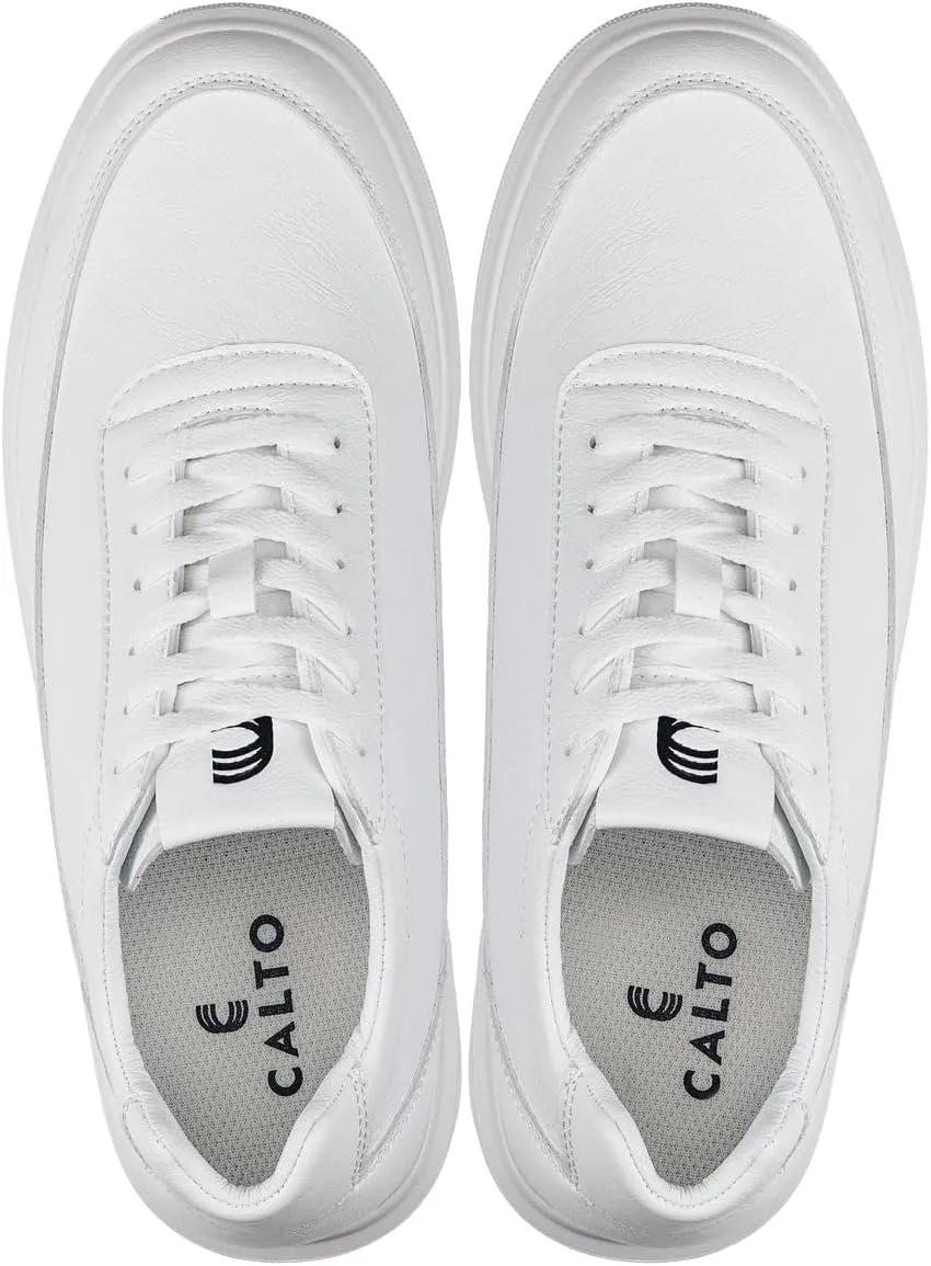 CALTO Men's Invisible Height Increasing Elevator Shoes - Pure White Light-Weight Lace-up Leather Sporty Sneakers - 2.8 Inches Taller - X1647 - Size 12 D(M) US