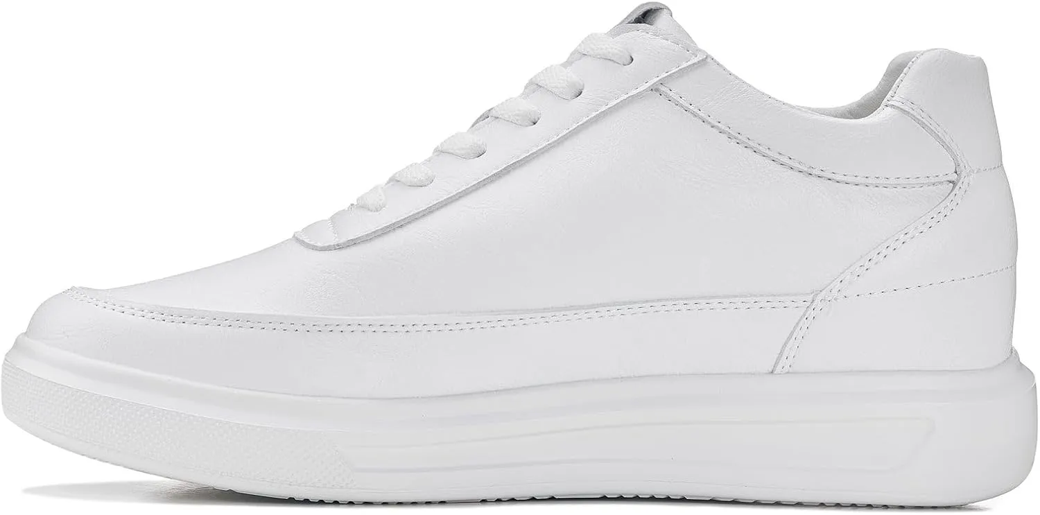 CALTO Men's Invisible Height Increasing Elevator Shoes - Pure White Light-Weight Lace-up Leather Sporty Sneakers - 2.8 Inches Taller - X1647 - Size 12 D(M) US