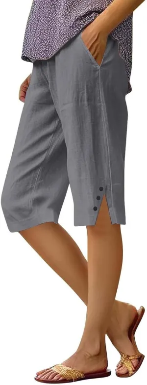 Capri Pants for Women Knee Length Linen Bermuda Shorts Summer Casual Straight Leg Loose Comfy Beach Short Trousers
