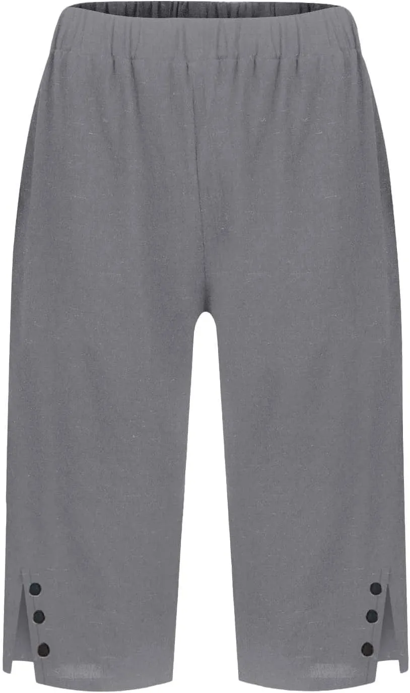 Capri Pants for Women Knee Length Linen Bermuda Shorts Summer Casual Straight Leg Loose Comfy Beach Short Trousers