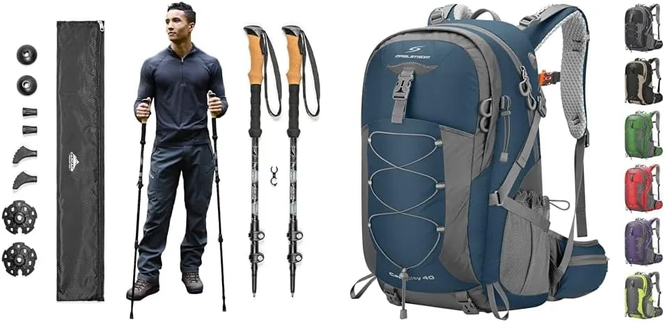 Cascade Mountain Tech Lightweight Aircraft-Grade Aluminum Trekking Poles & Maelstrom Hiking Backpack,Camping Backpack,40L Waterproof Hiking Daypack with Rain Cover