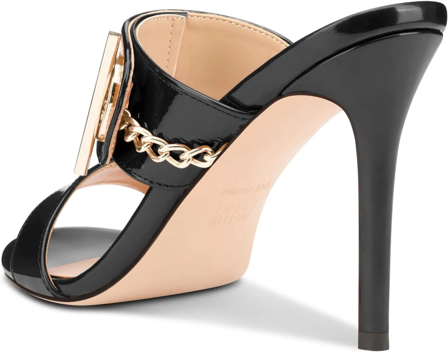 Castamere Womens Stiletto High Heel Open Round Toe Sandals Mules Shoes Slip-on Buckle Metal Chain Casual Dress Summer 3.9 Inches Heels