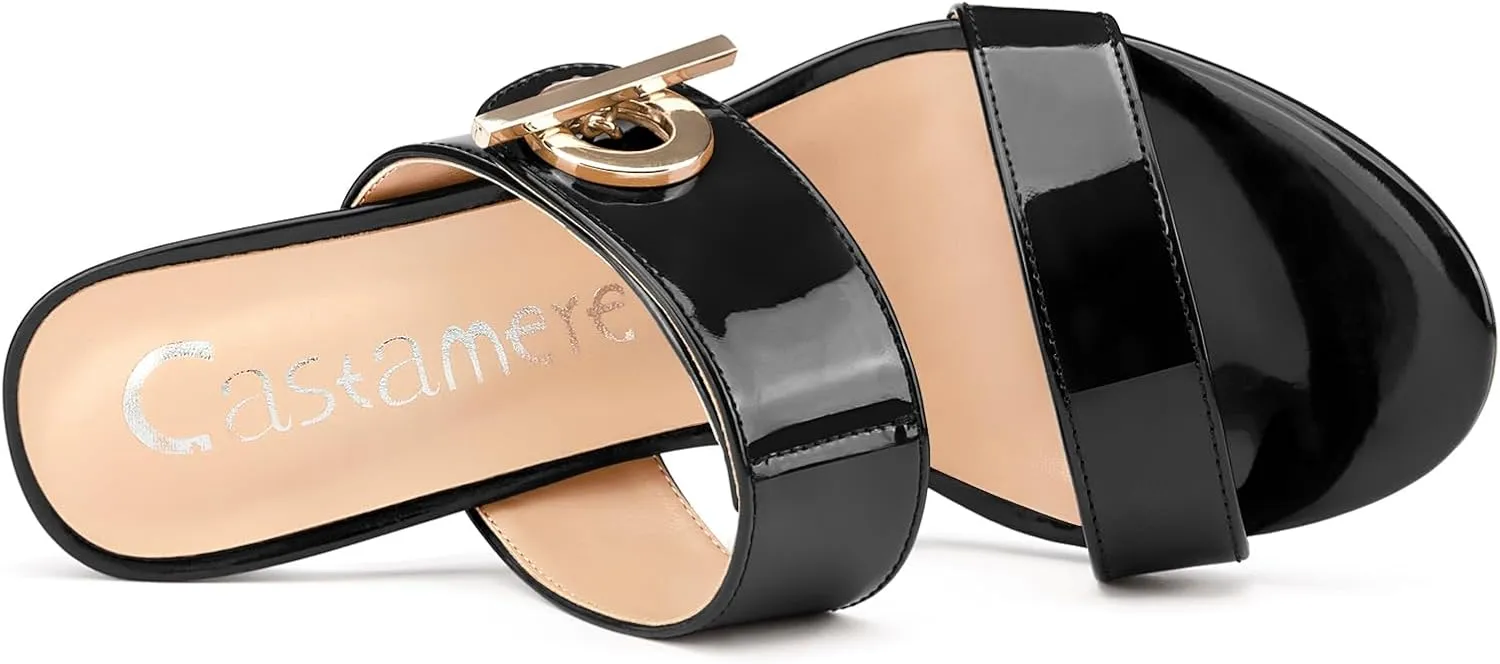 Castamere Womens Stiletto High Heel Open Round Toe Sandals Mules Shoes Slip-on Buckle Metal Chain Casual Dress Summer 3.9 Inches Heels