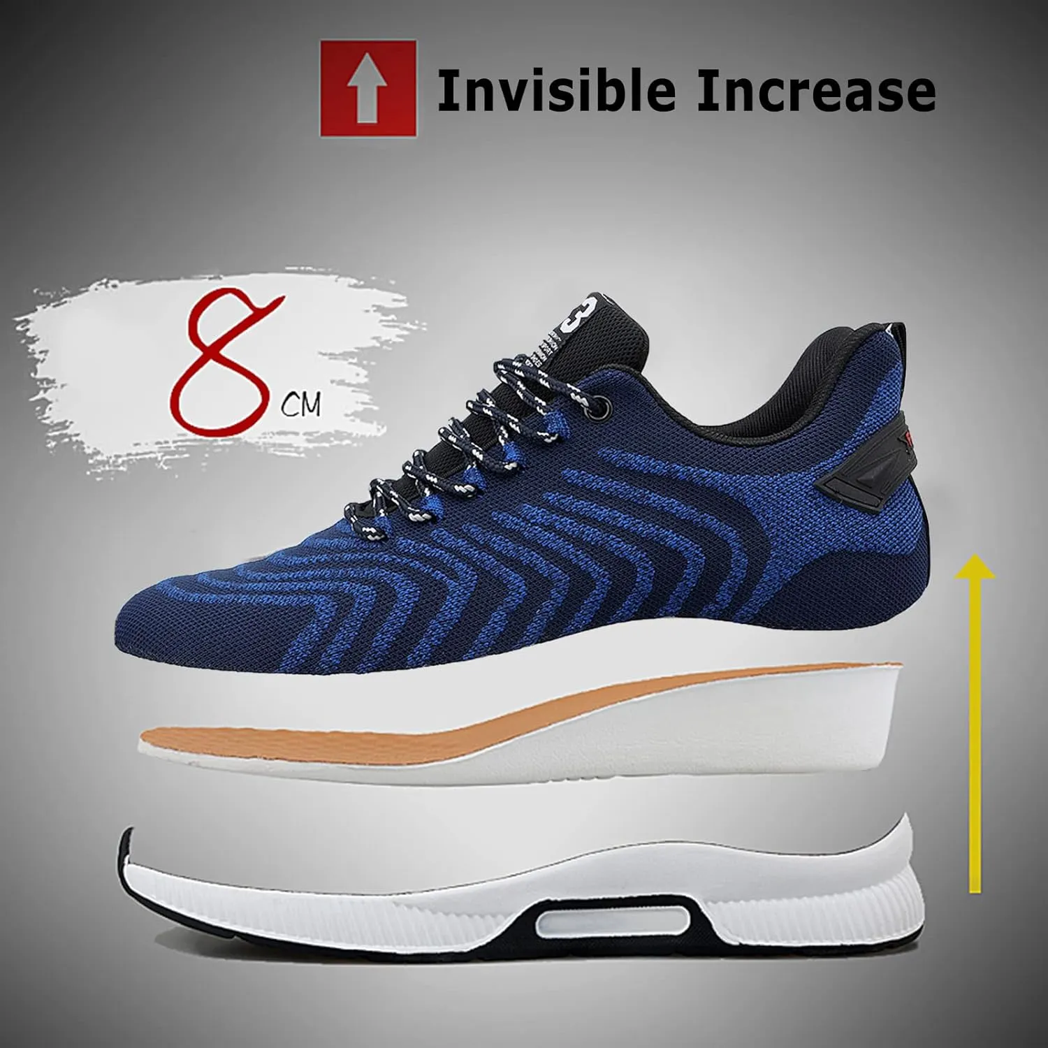 CERYTHRINA Men Elevator Sneakers Invisible Height Increasing Elevator Shoes Sports Shoes 2.36 Inches Breathable Lace up Sneakers