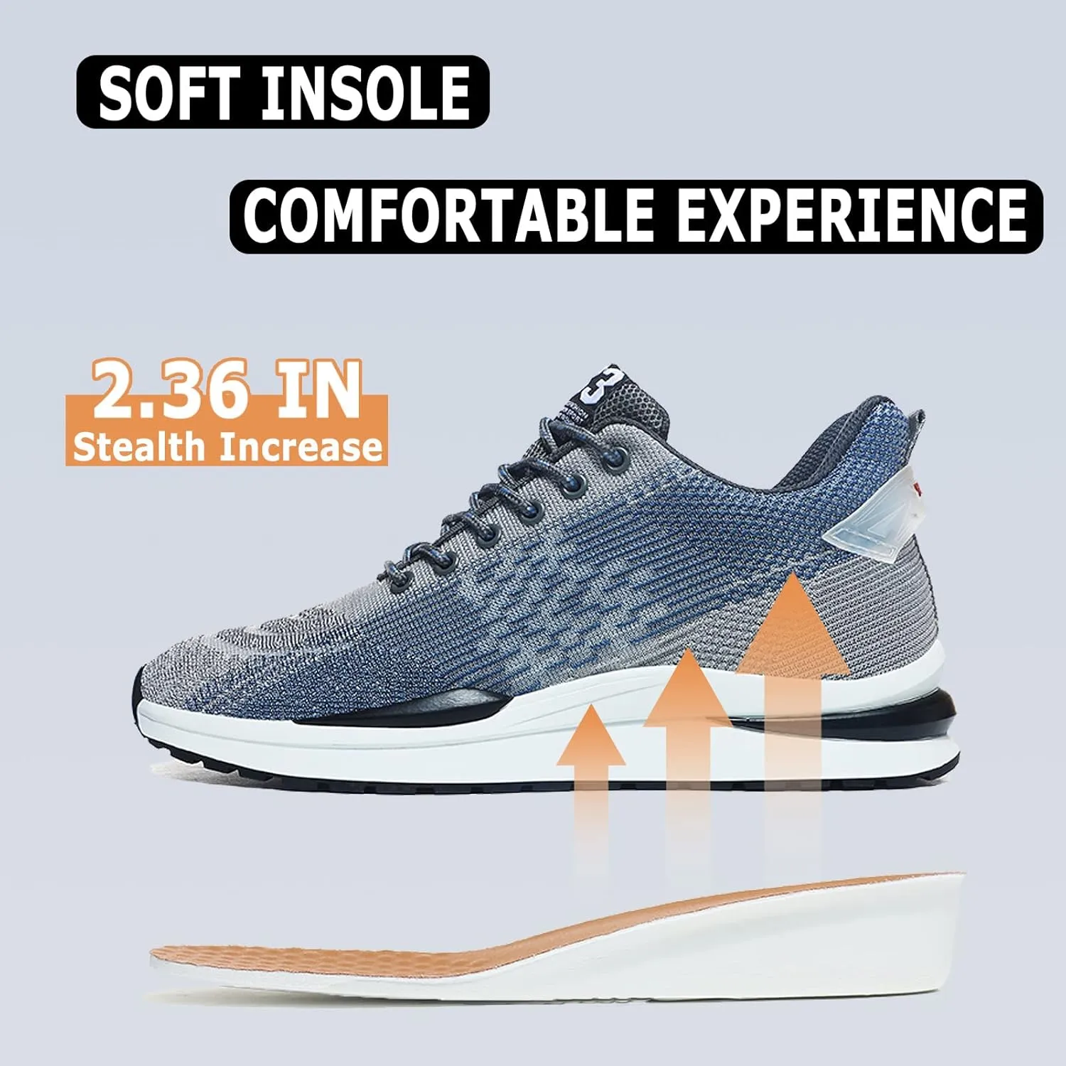 CERYTHRINA Men Elevator Sneakers Sports Shoes Invisible Height Increasing 2.36 Inches Taller Elevator Shoes Lace up Fashion Sneakers