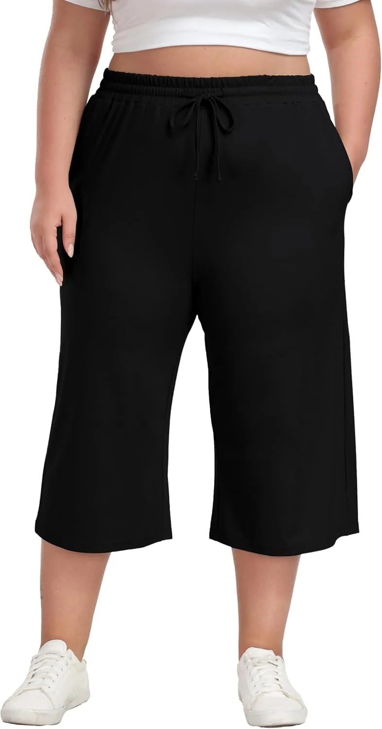 Cheapestbuy Women's Plus Size Capris Wide Leg Crop Casual Pants Comfy Summer Pants with Pockets Drawstring