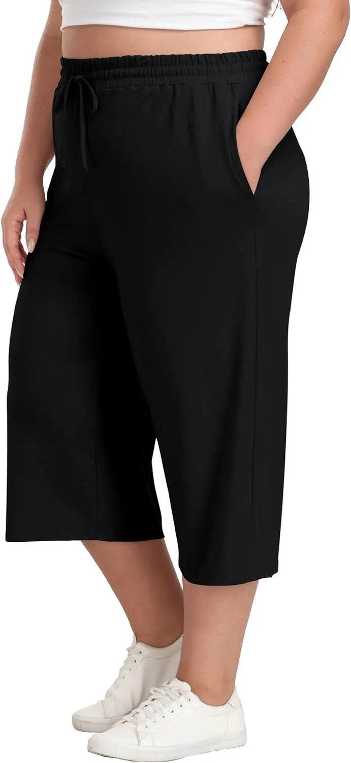 Cheapestbuy Women's Plus Size Capris Wide Leg Crop Casual Pants Comfy Summer Pants with Pockets Drawstring