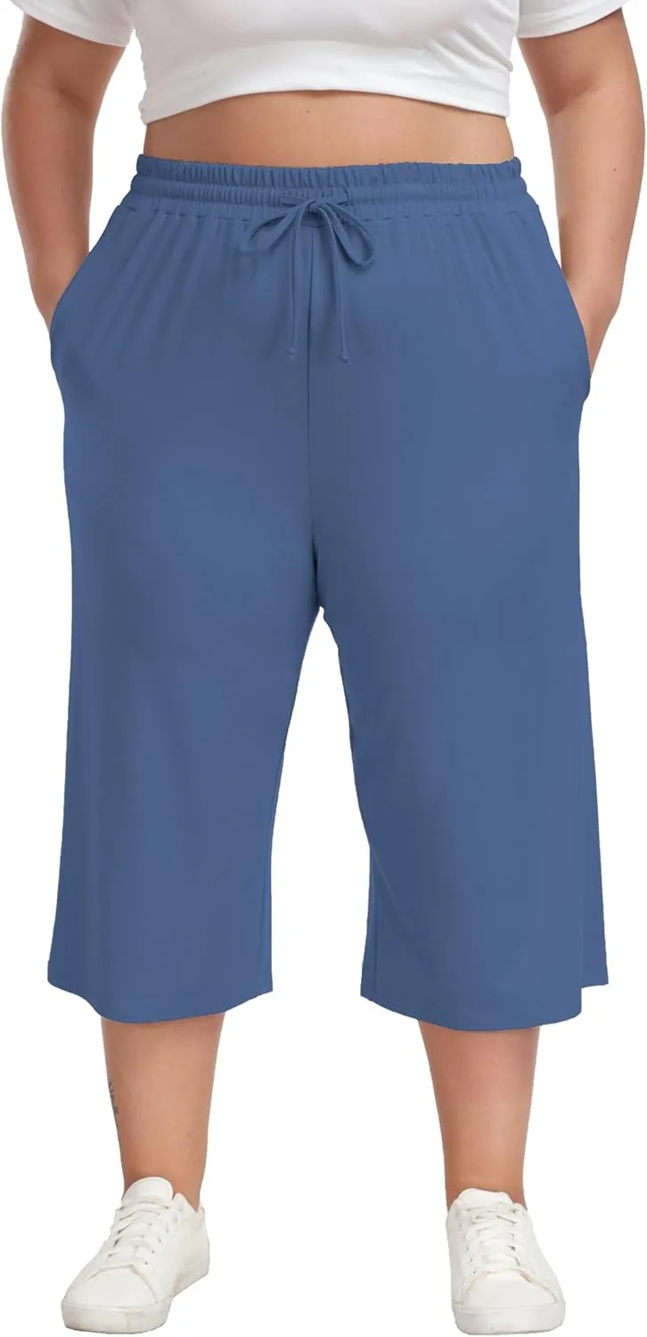Cheapestbuy Women's Plus Size Capris Wide Leg Crop Casual Pants Comfy Summer Pants with Pockets Drawstring
