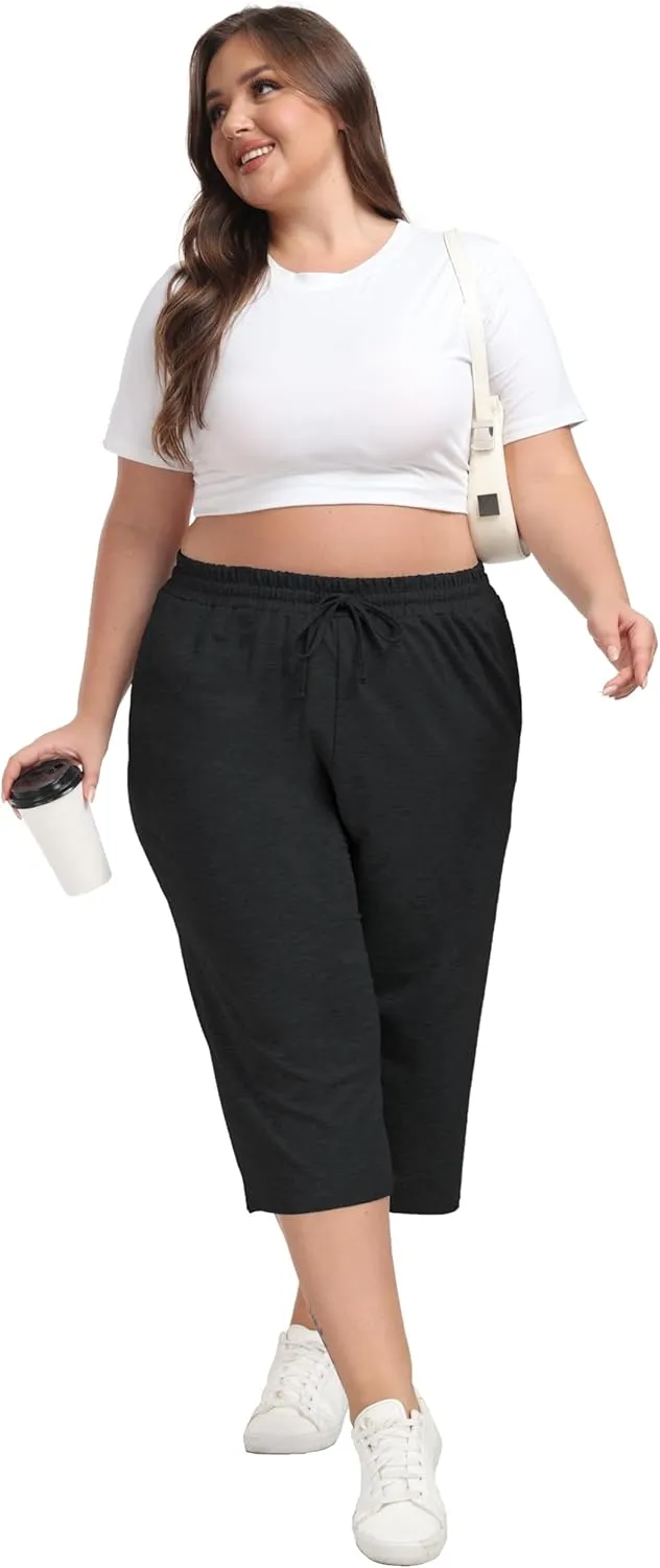 Cheapestbuy Women's Plus Size Capris Wide Leg Crop Casual Pants Comfy Summer Pants with Pockets Drawstring