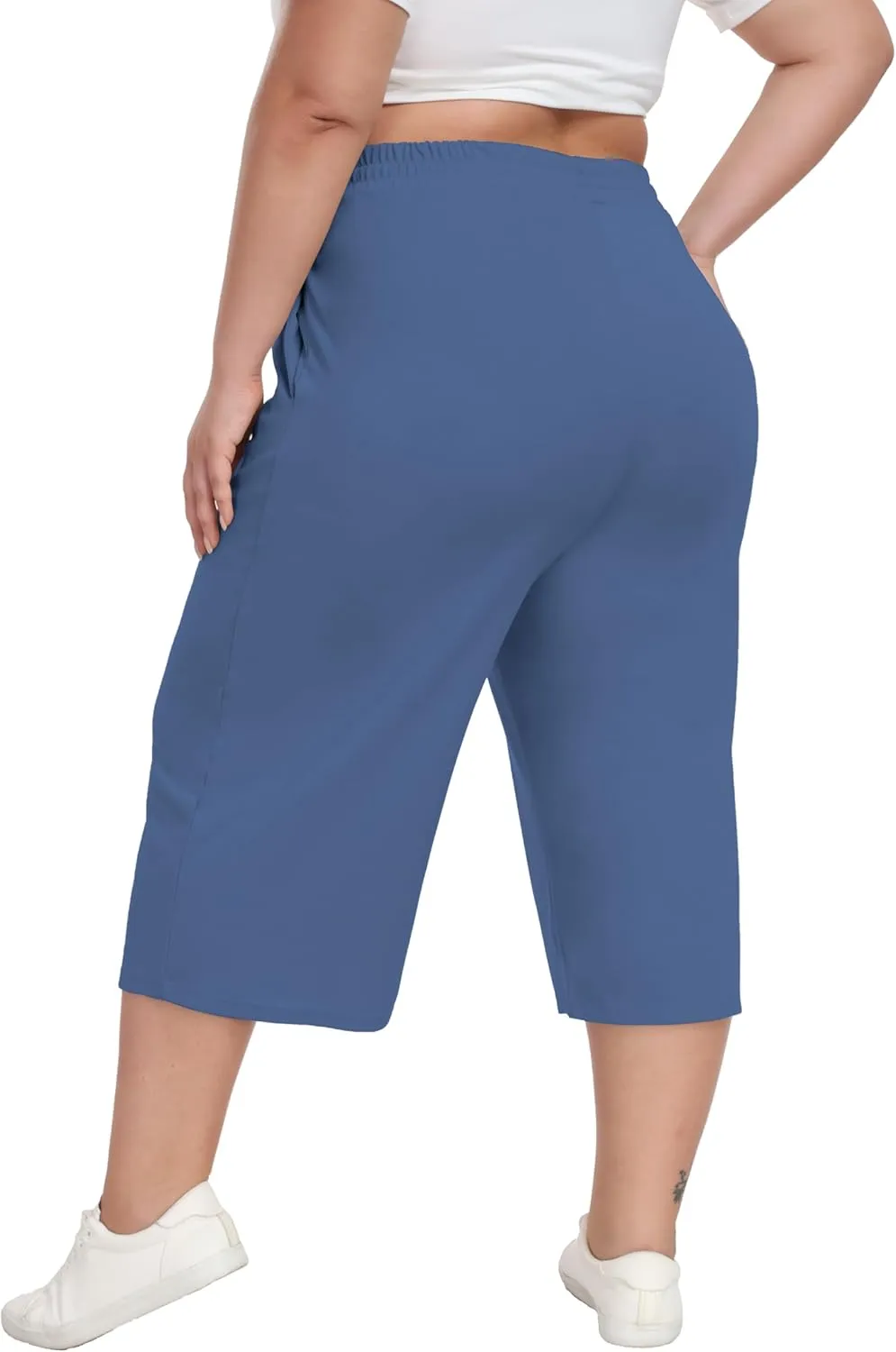 Cheapestbuy Women's Plus Size Capris Wide Leg Crop Casual Pants Comfy Summer Pants with Pockets Drawstring