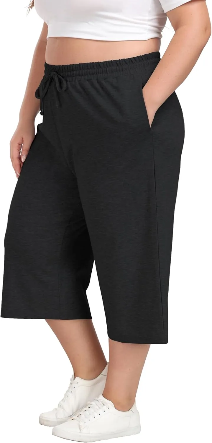 Cheapestbuy Women's Plus Size Capris Wide Leg Crop Casual Pants Comfy Summer Pants with Pockets Drawstring