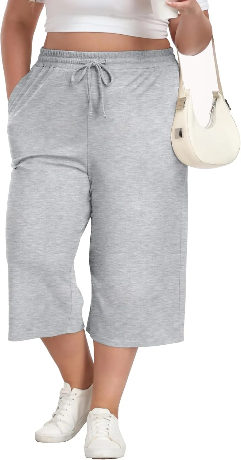 Cheapestbuy Women's Plus Size Capris Wide Leg Crop Casual Pants Comfy Summer Pants with Pockets Drawstring