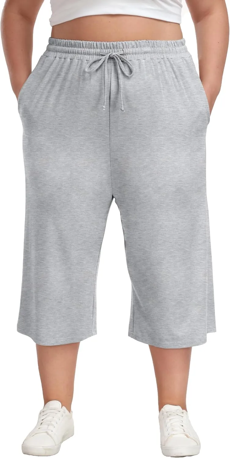 Cheapestbuy Women's Plus Size Capris Wide Leg Crop Casual Pants Comfy Summer Pants with Pockets Drawstring