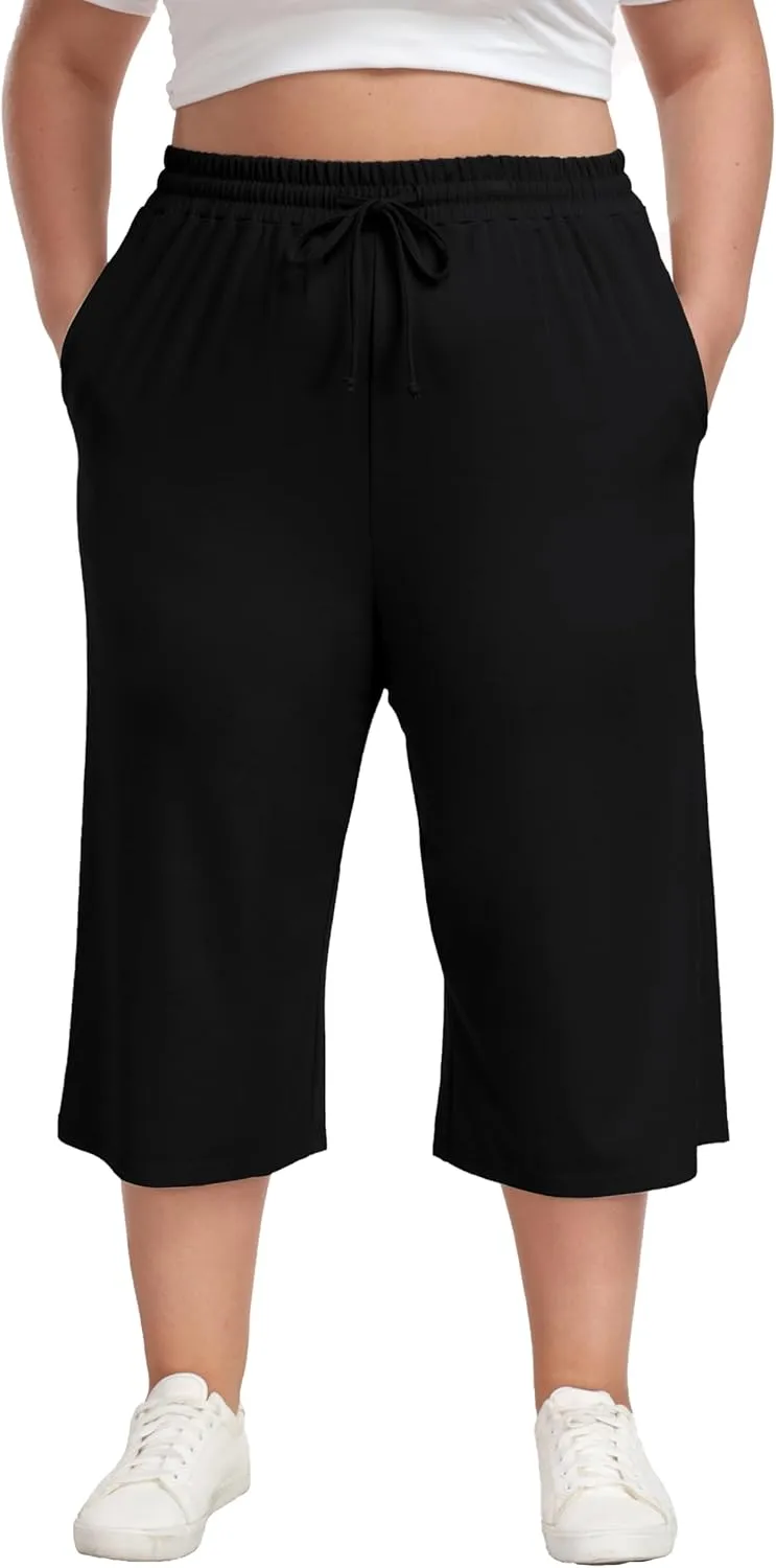 Cheapestbuy Women's Plus Size Capris Wide Leg Crop Casual Pants Comfy Summer Pants with Pockets Drawstring