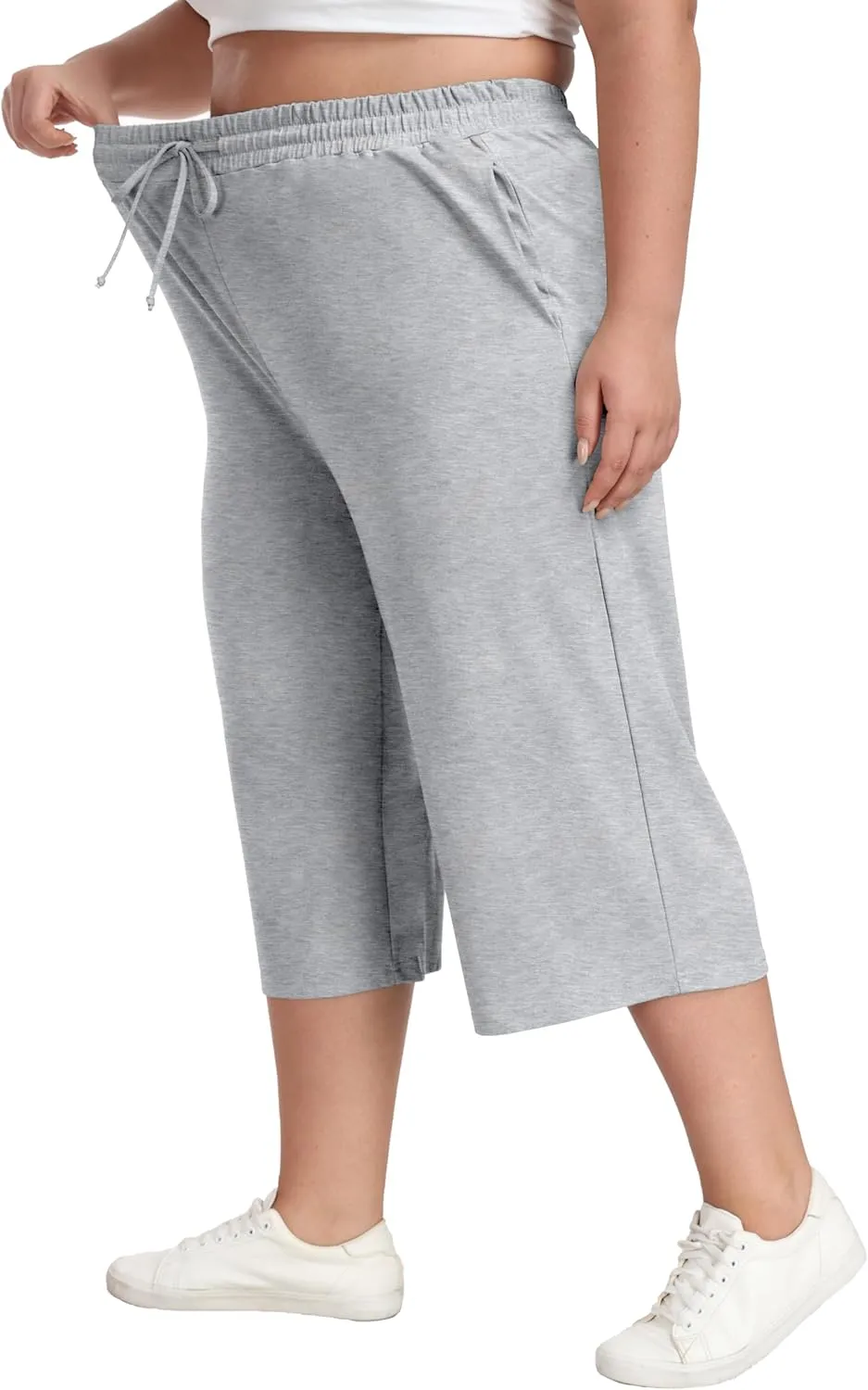 Cheapestbuy Women's Plus Size Capris Wide Leg Crop Casual Pants Comfy Summer Pants with Pockets Drawstring