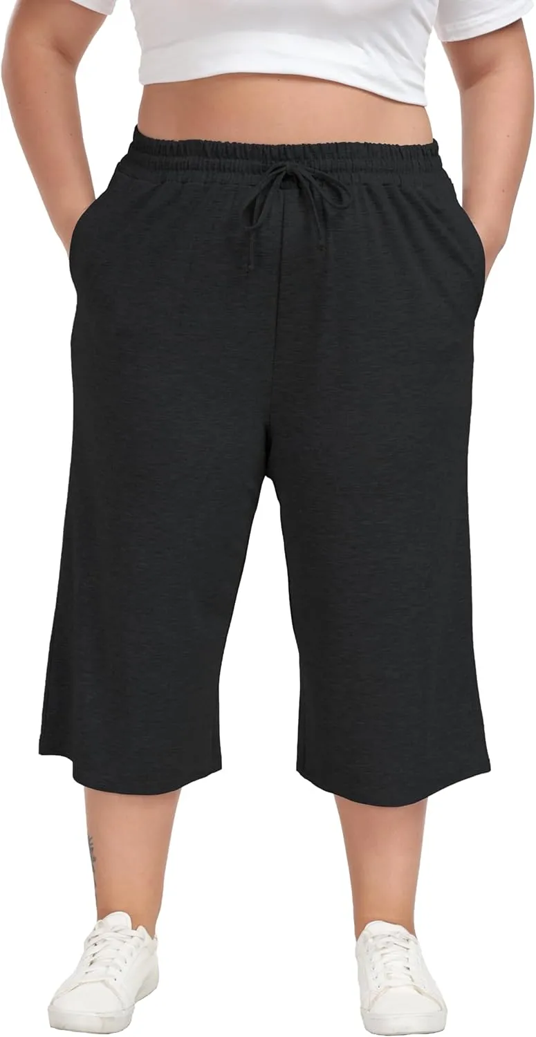 Cheapestbuy Women's Plus Size Capris Wide Leg Crop Casual Pants Comfy Summer Pants with Pockets Drawstring