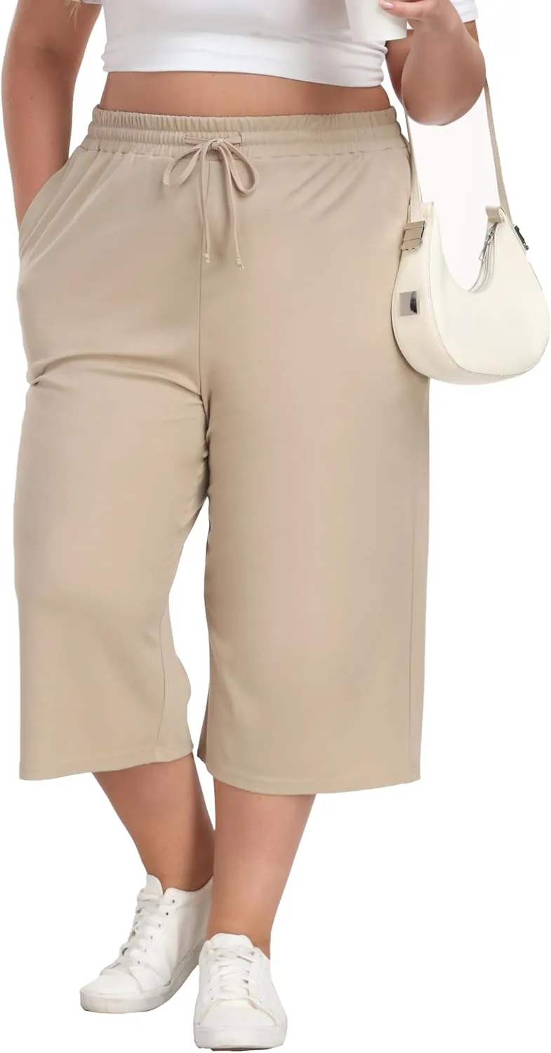 Cheapestbuy Women's Plus Size Capris Wide Leg Crop Casual Pants Comfy Summer Pants with Pockets Drawstring