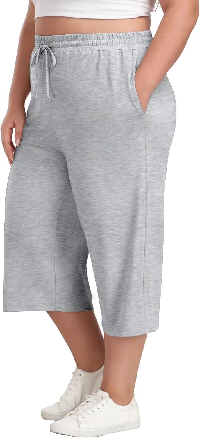 Cheapestbuy Women's Plus Size Capris Wide Leg Crop Casual Pants Comfy Summer Pants with Pockets Drawstring