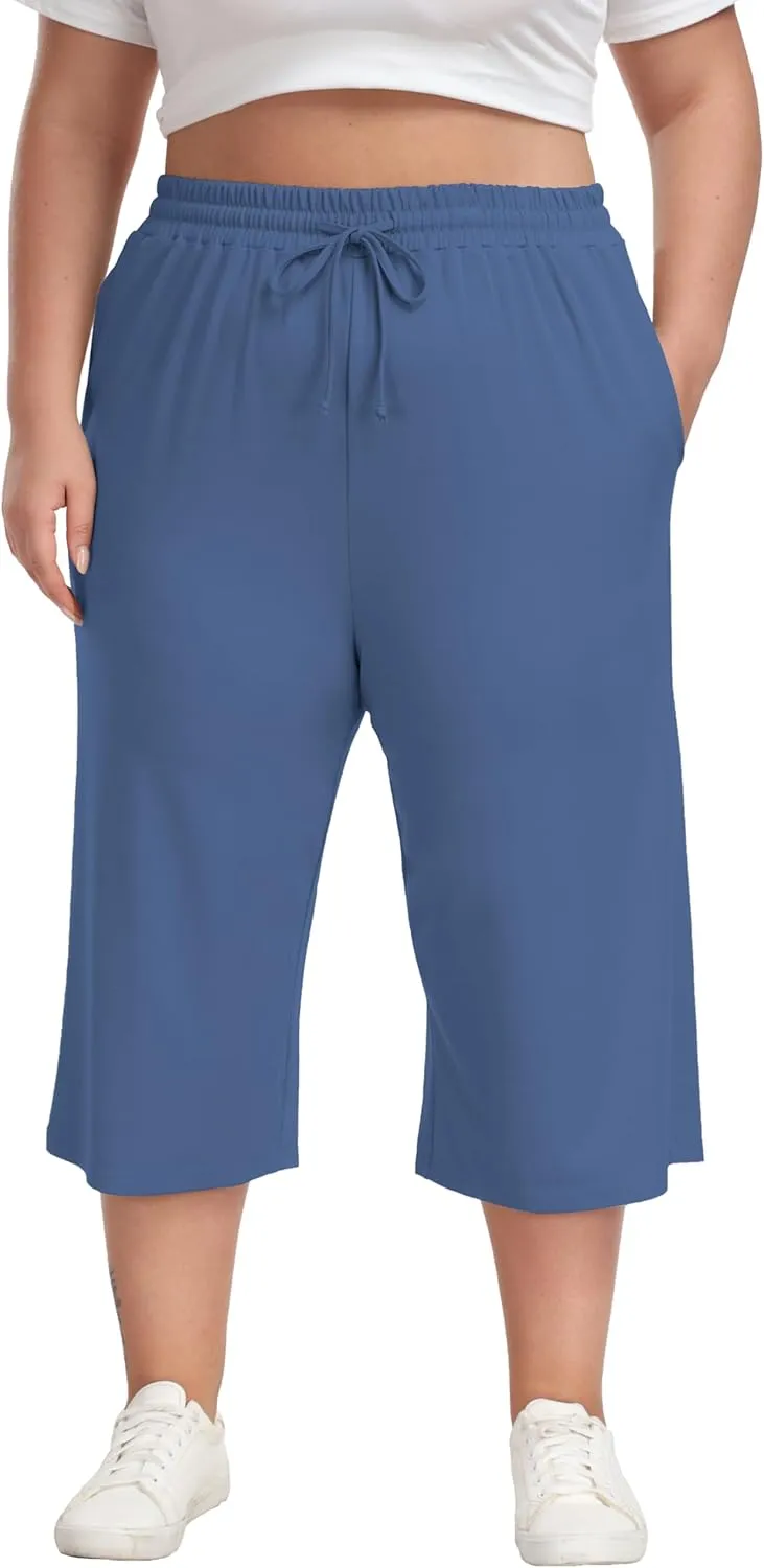Cheapestbuy Women's Plus Size Capris Wide Leg Crop Casual Pants Comfy Summer Pants with Pockets Drawstring