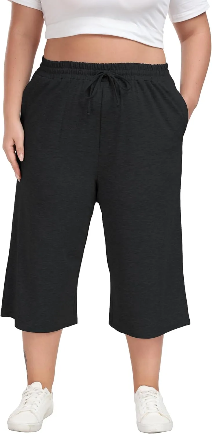 Cheapestbuy Women's Plus Size Capris Wide Leg Crop Casual Pants Comfy Summer Pants with Pockets Drawstring