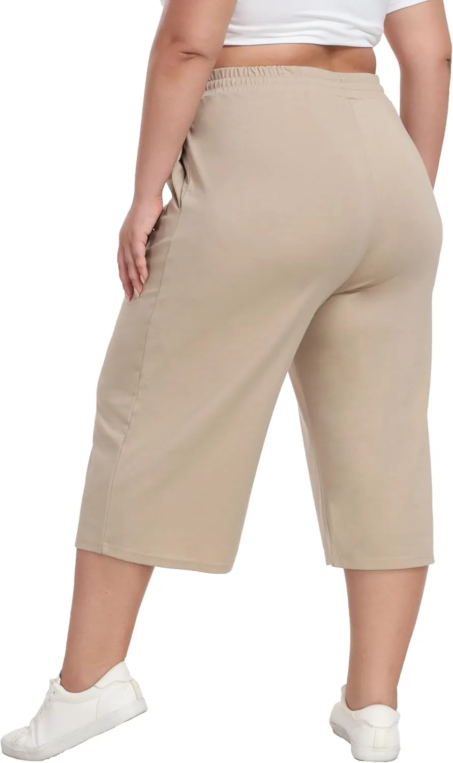 Cheapestbuy Women's Plus Size Capris Wide Leg Crop Casual Pants Comfy Summer Pants with Pockets Drawstring