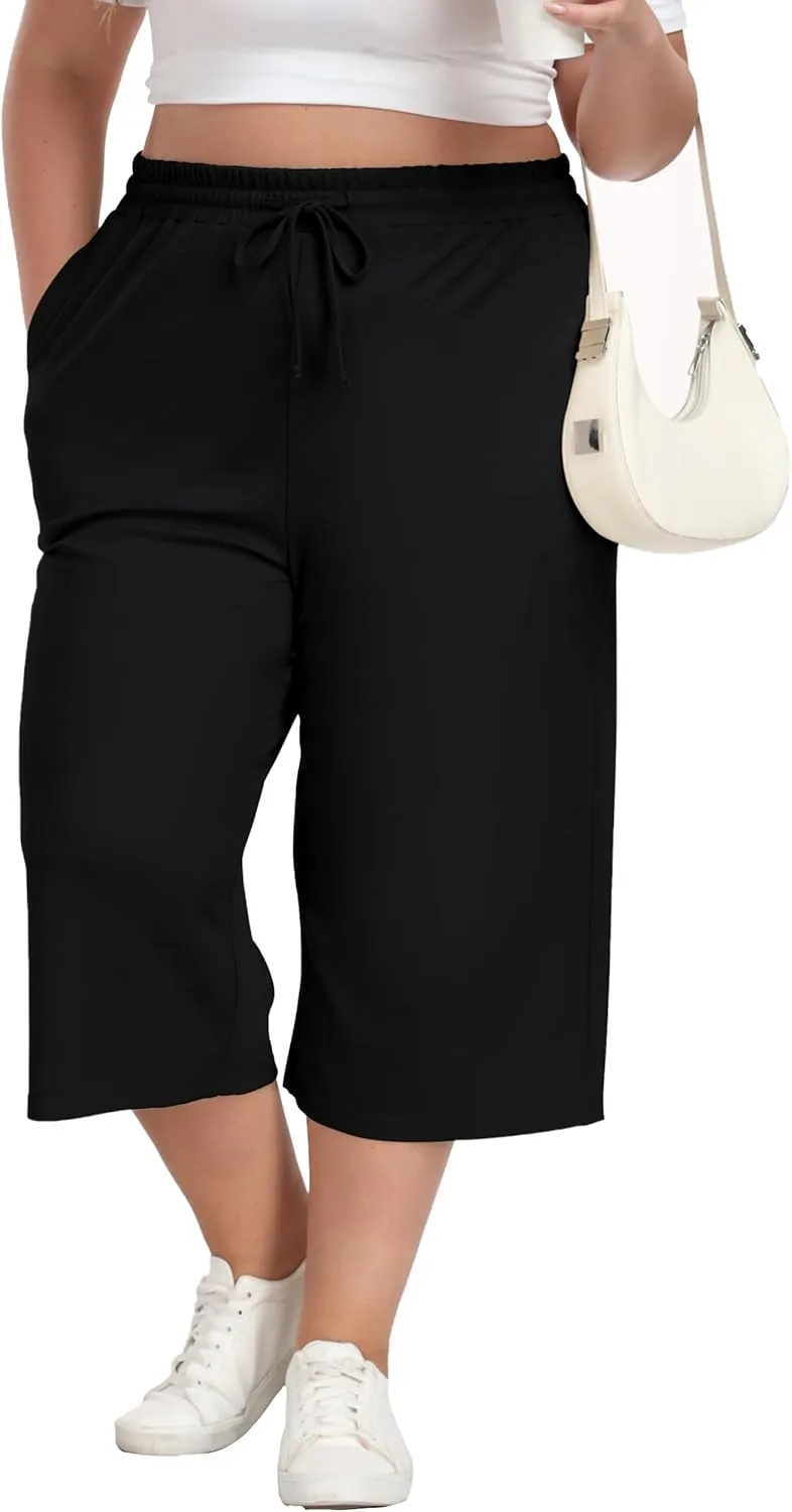 Cheapestbuy Women's Plus Size Capris Wide Leg Crop Casual Pants Comfy Summer Pants with Pockets Drawstring