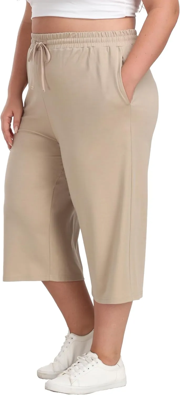 Cheapestbuy Women's Plus Size Capris Wide Leg Crop Casual Pants Comfy Summer Pants with Pockets Drawstring