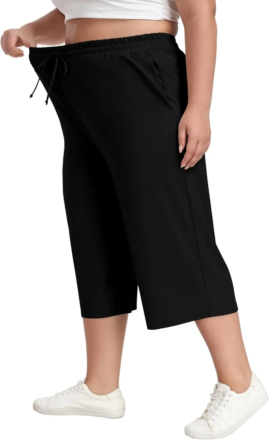 Cheapestbuy Women's Plus Size Capris Wide Leg Crop Casual Pants Comfy Summer Pants with Pockets Drawstring