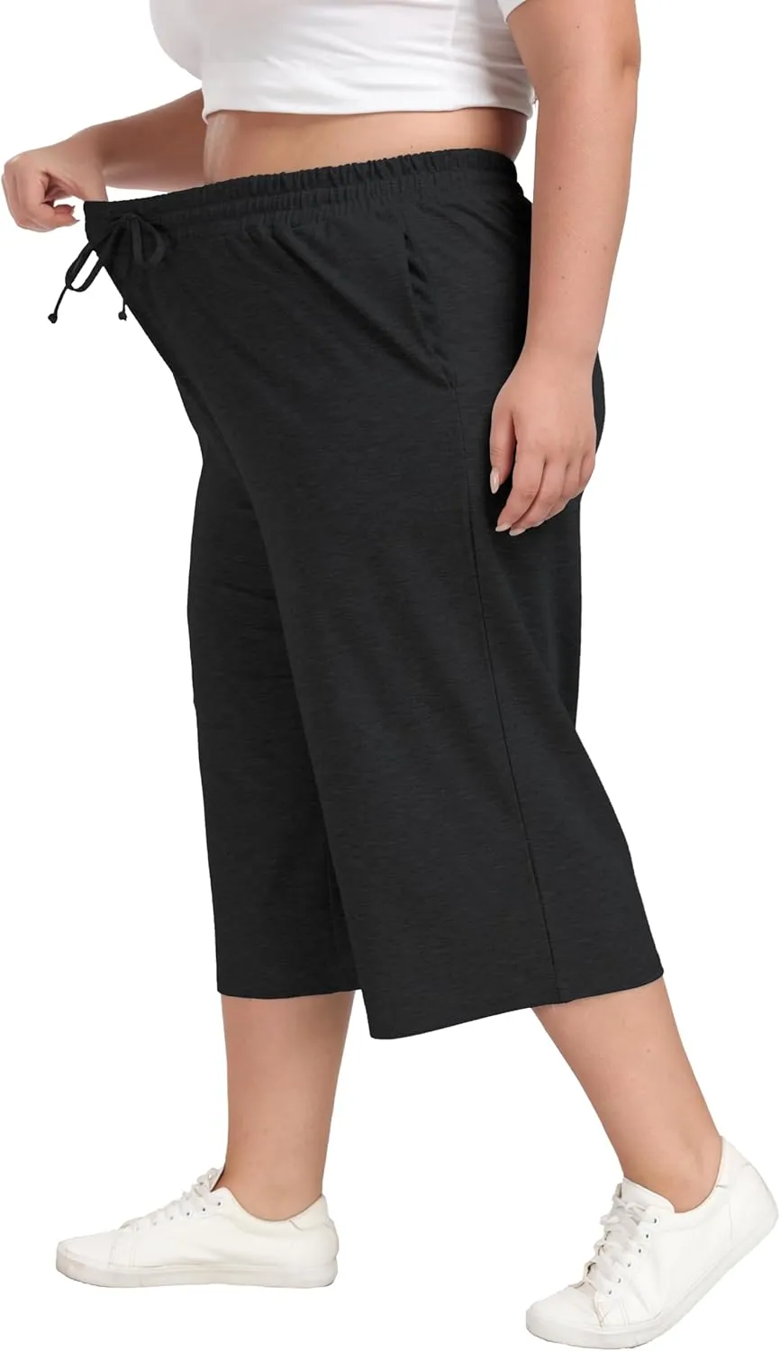 Cheapestbuy Women's Plus Size Capris Wide Leg Crop Casual Pants Comfy Summer Pants with Pockets Drawstring