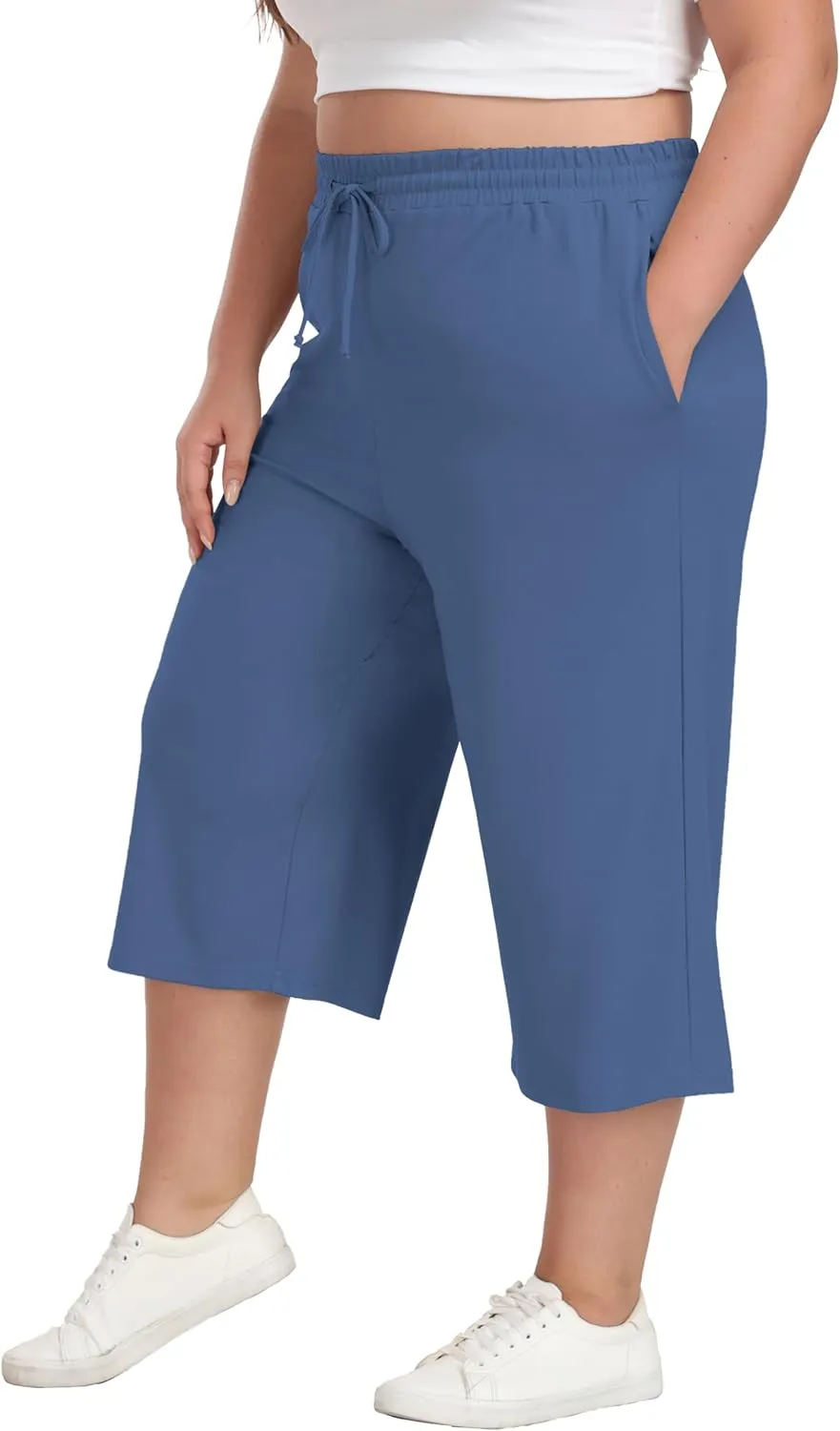 Cheapestbuy Women's Plus Size Capris Wide Leg Crop Casual Pants Comfy Summer Pants with Pockets Drawstring