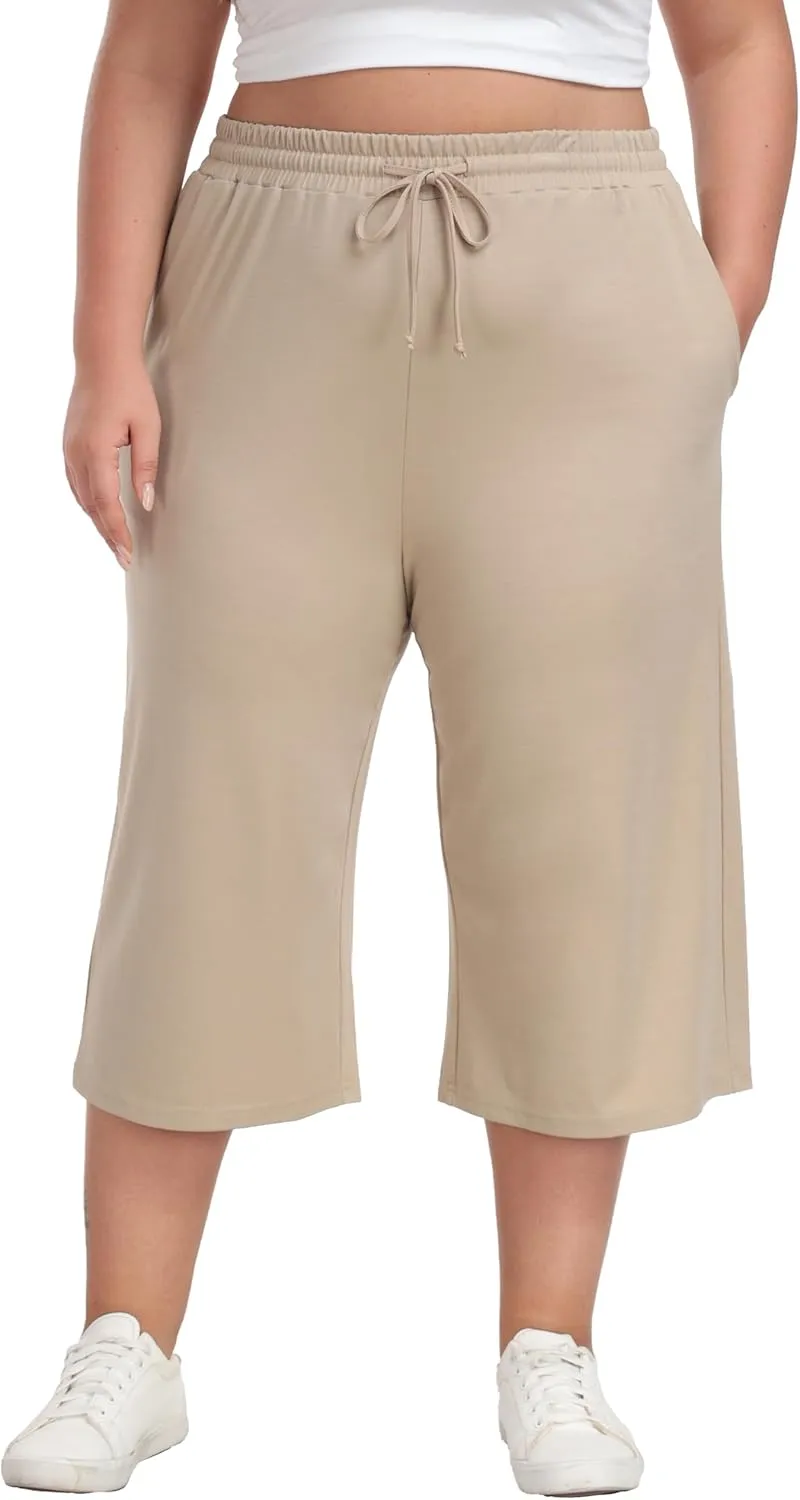 Cheapestbuy Women's Plus Size Capris Wide Leg Crop Casual Pants Comfy Summer Pants with Pockets Drawstring