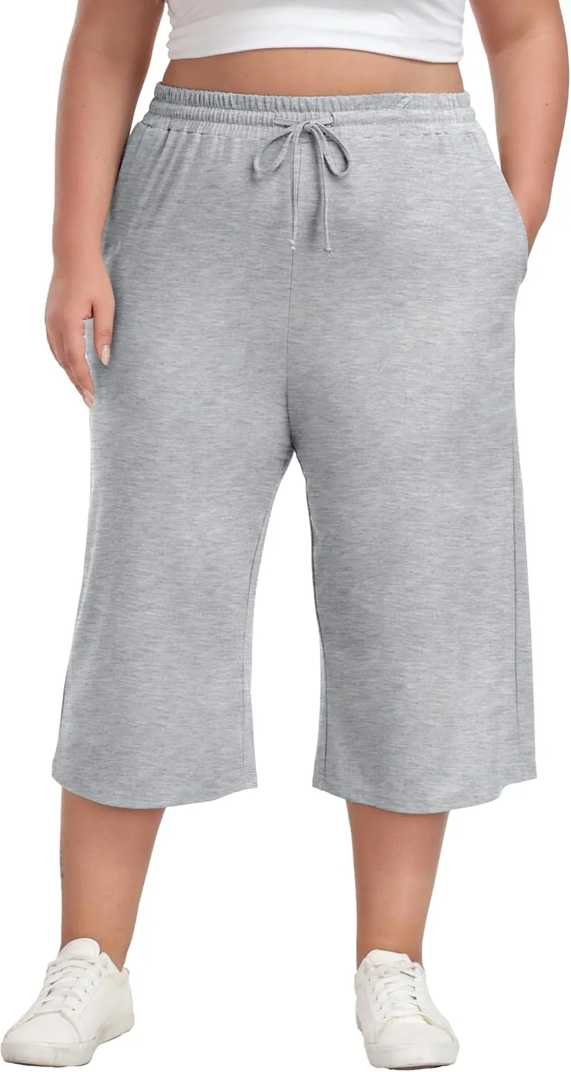 Cheapestbuy Women's Plus Size Capris Wide Leg Crop Casual Pants Comfy Summer Pants with Pockets Drawstring