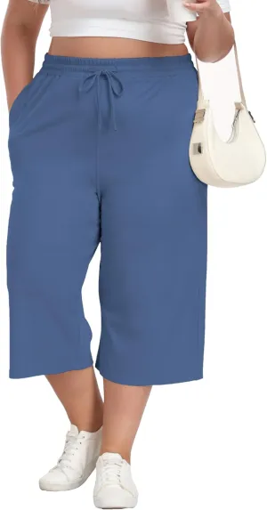 Cheapestbuy Women's Plus Size Capris Wide Leg Crop Casual Pants Comfy Summer Pants with Pockets Drawstring