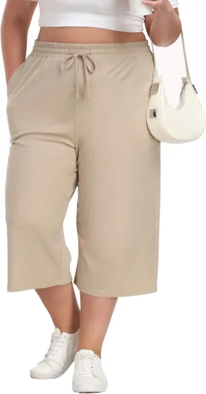 Cheapestbuy Women's Plus Size Capris Wide Leg Crop Casual Pants Comfy Summer Pants with Pockets Drawstring
