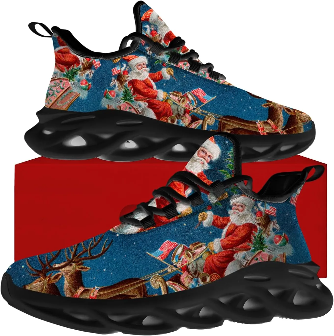 Ciadoon Christmas Shoes for Women Men Road Running Walking Tennis Breathable Lightweight Sneakers Santa Shoes Gifts for Men Women
