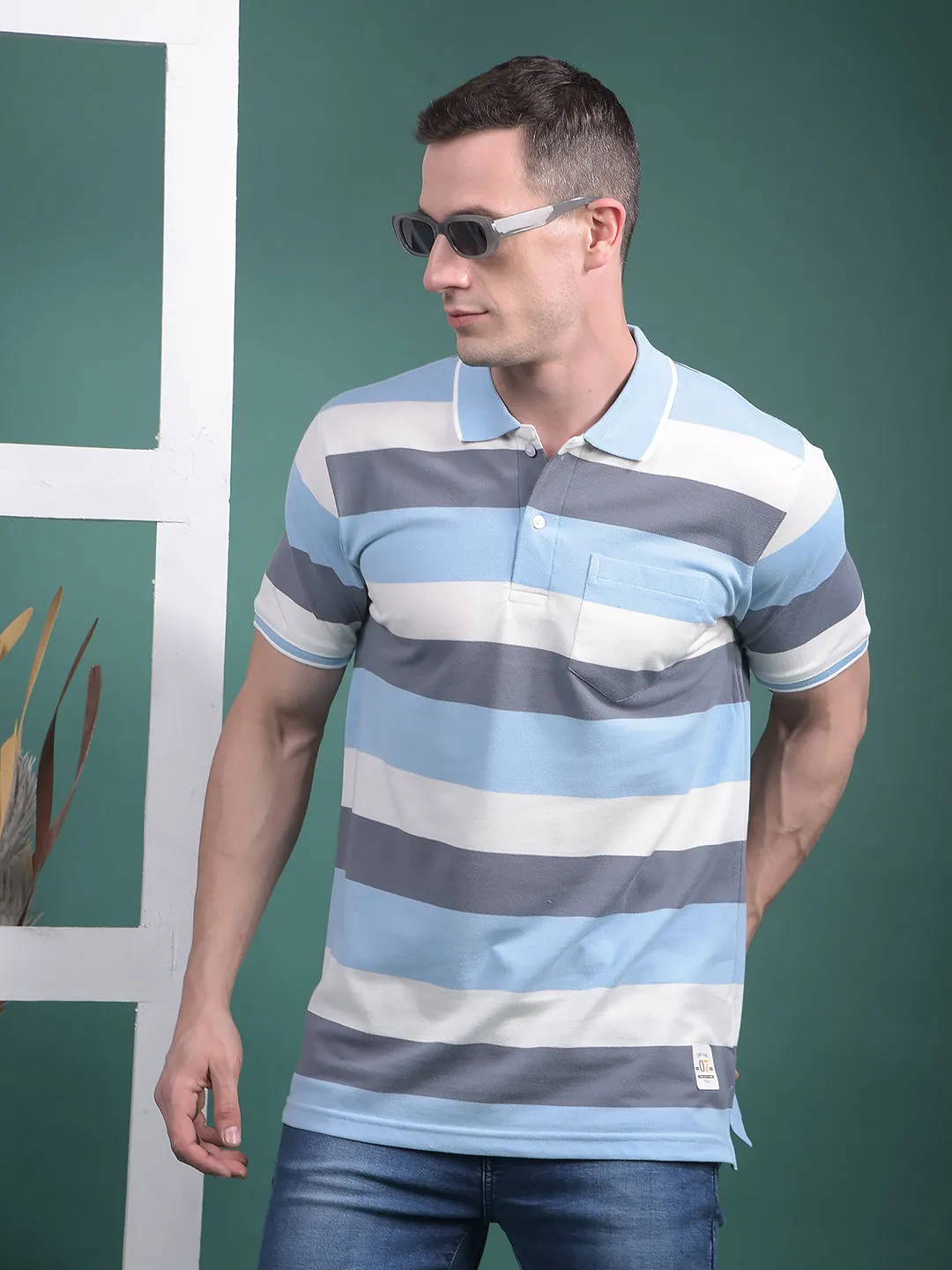COBB SKY BLUE COLORBLOCK POLO NECK T-SHIRT
