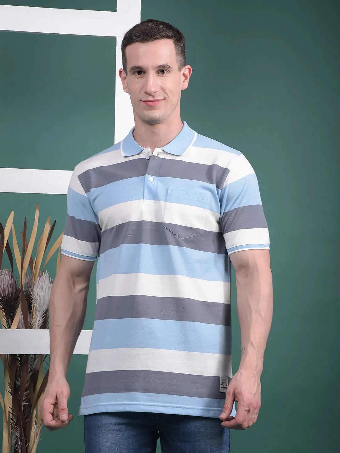COBB SKY BLUE COLORBLOCK POLO NECK T-SHIRT