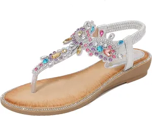 Comfortable Women's Sandals Summer Bohemian Rhinestone Beach Flip Flops Sandals Casual Flat Elastic Strap Sandals