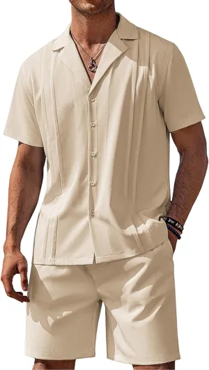 COOFANDY Mens 2 Piece Short Set Guayabera Button Down Shirt Casual Summer Beach Outfits