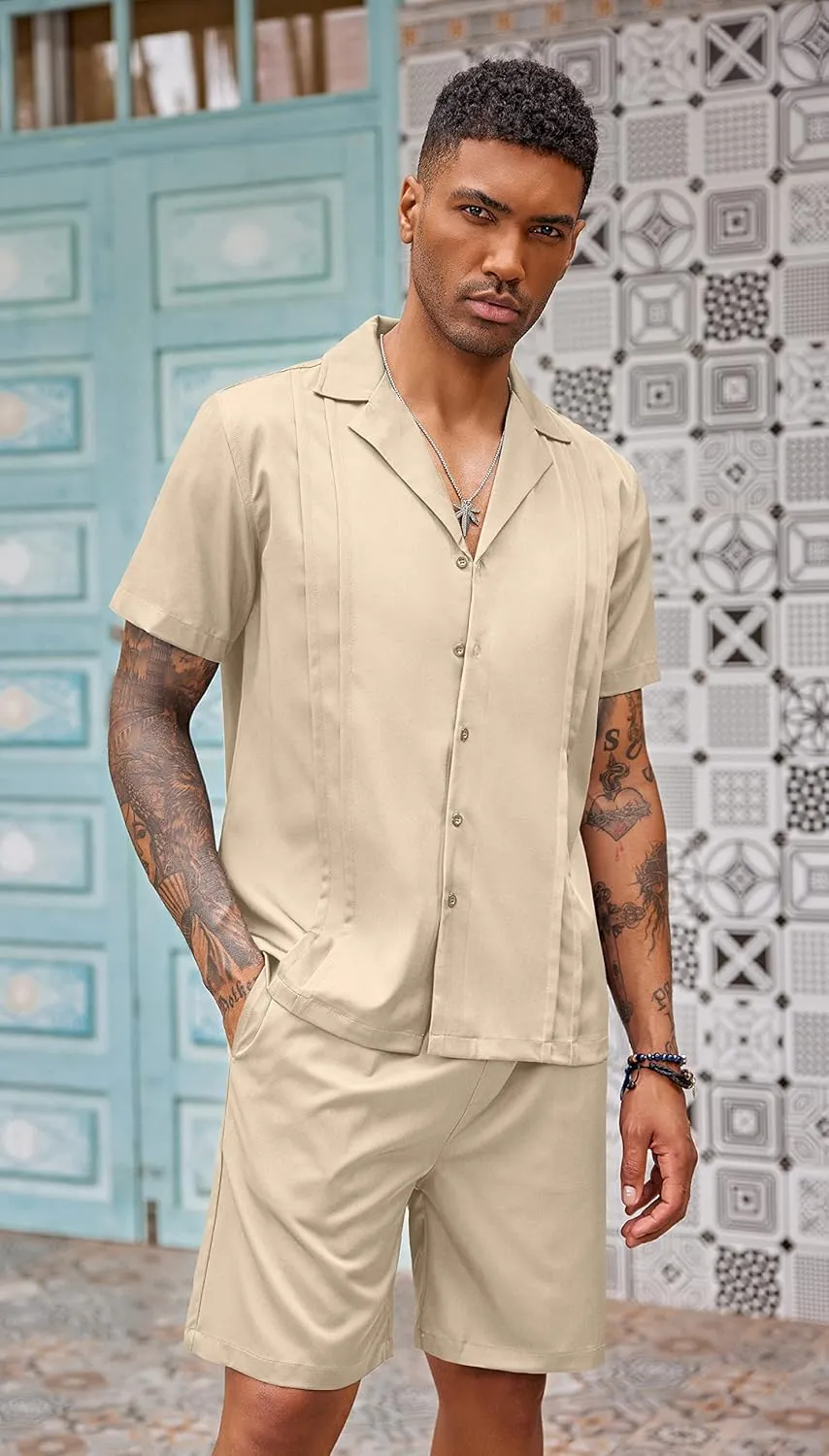 COOFANDY Mens 2 Piece Short Set Guayabera Button Down Shirt Casual Summer Beach Outfits