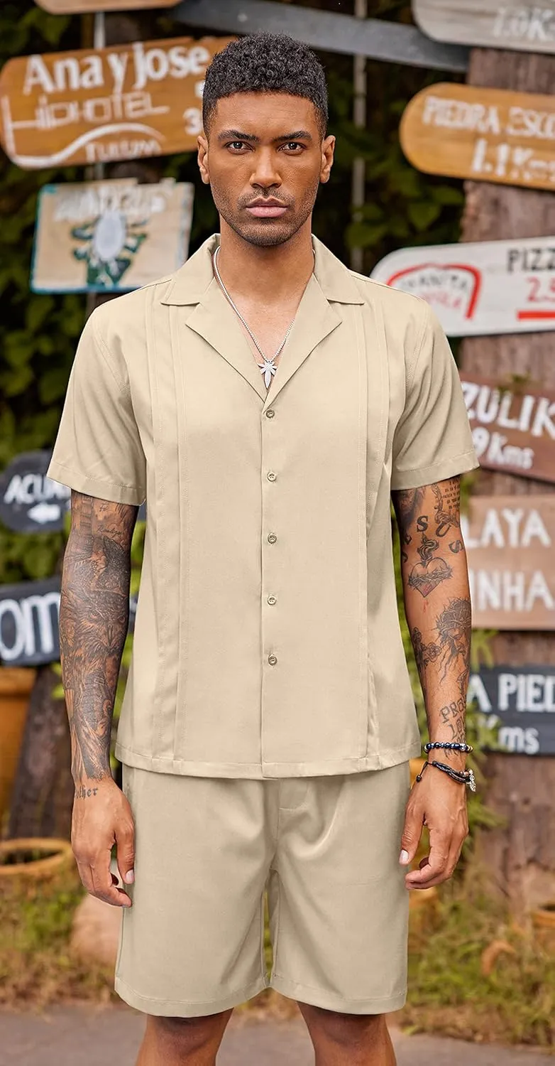 COOFANDY Mens 2 Piece Short Set Guayabera Button Down Shirt Casual Summer Beach Outfits