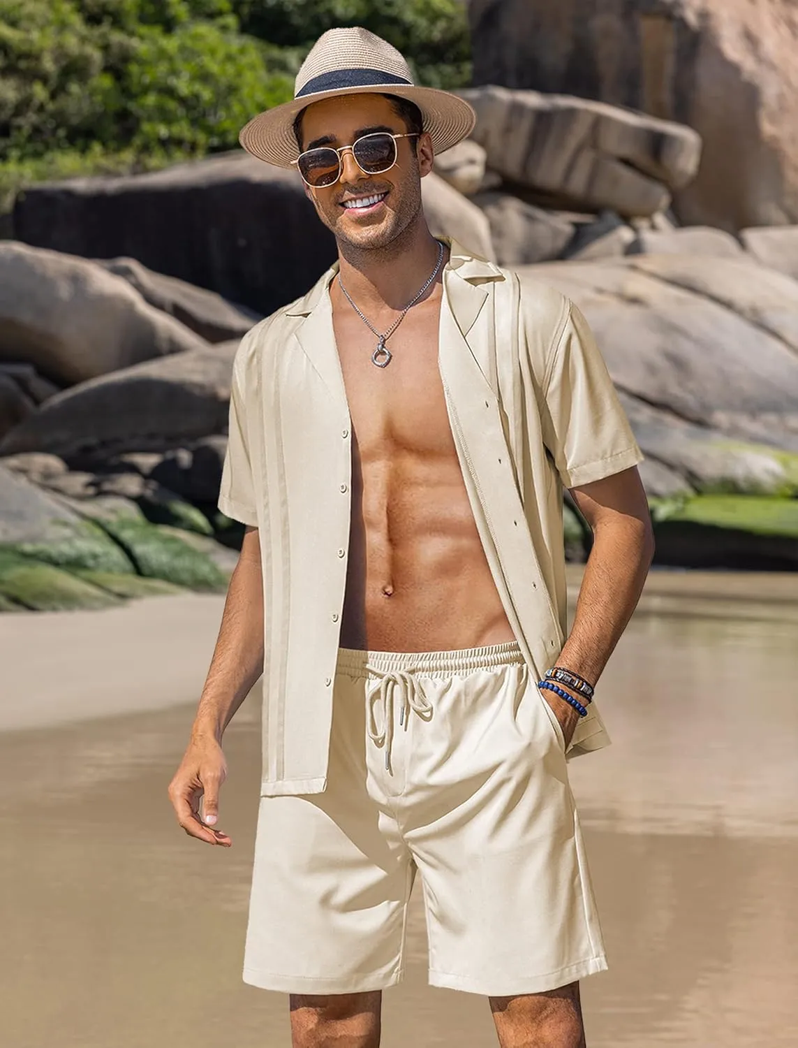 COOFANDY Mens 2 Piece Short Set Guayabera Button Down Shirt Casual Summer Beach Outfits