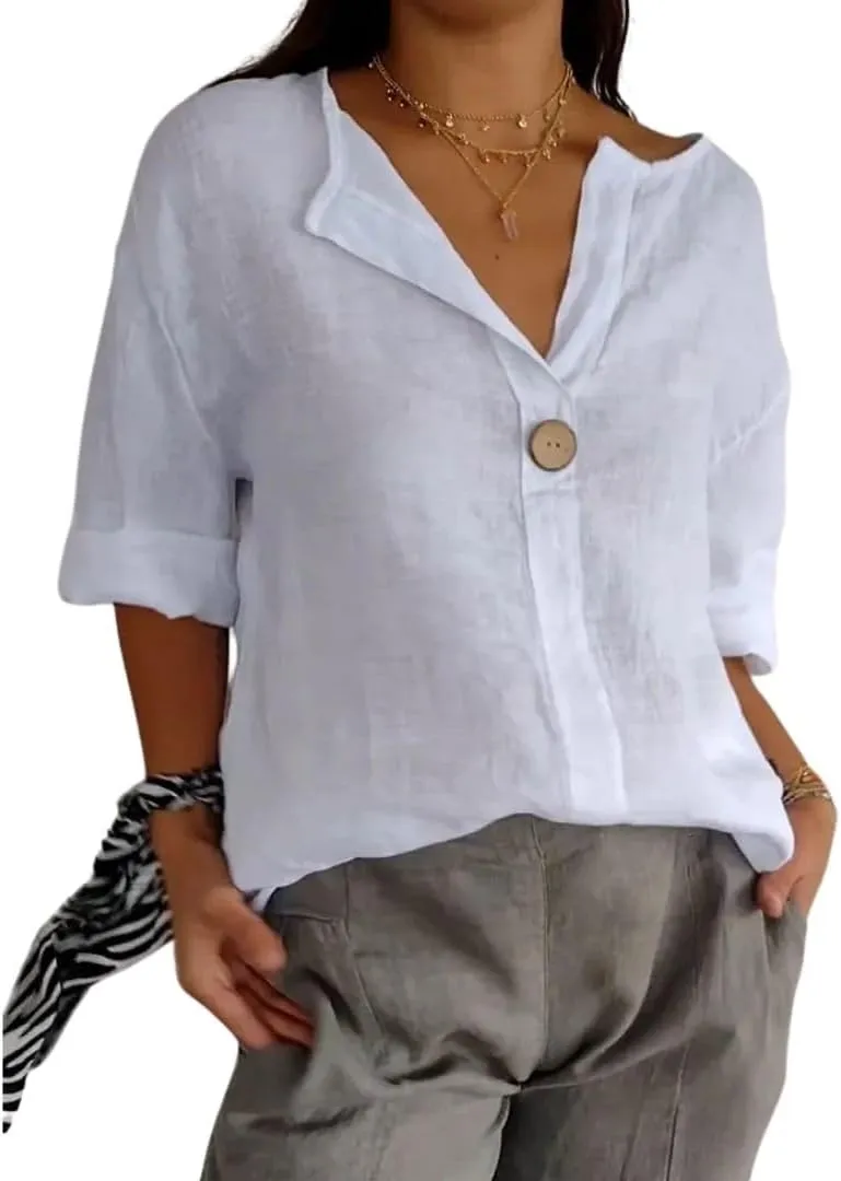 Cotton Linen Shirts for Women Summer Casual Button V Neck Blouse Comfy Loose Women's Fashion 3/4 Sleeve Pullover Tops