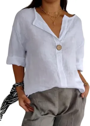 Cotton Linen Shirts for Women Summer Casual Button V Neck Blouse Comfy Loose Women's Fashion 3/4 Sleeve Pullover Tops