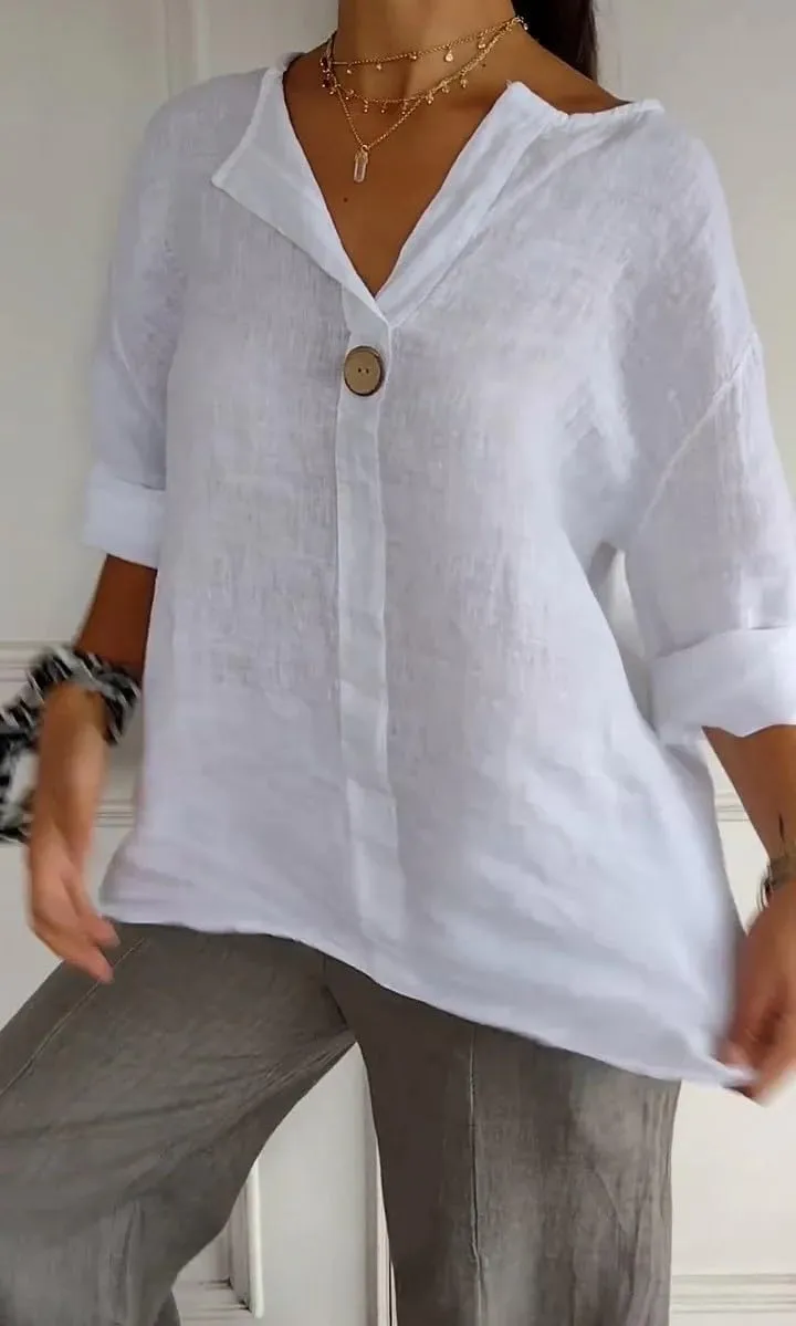 Cotton Linen Shirts for Women Summer Casual Button V Neck Blouse Comfy Loose Women's Fashion 3/4 Sleeve Pullover Tops