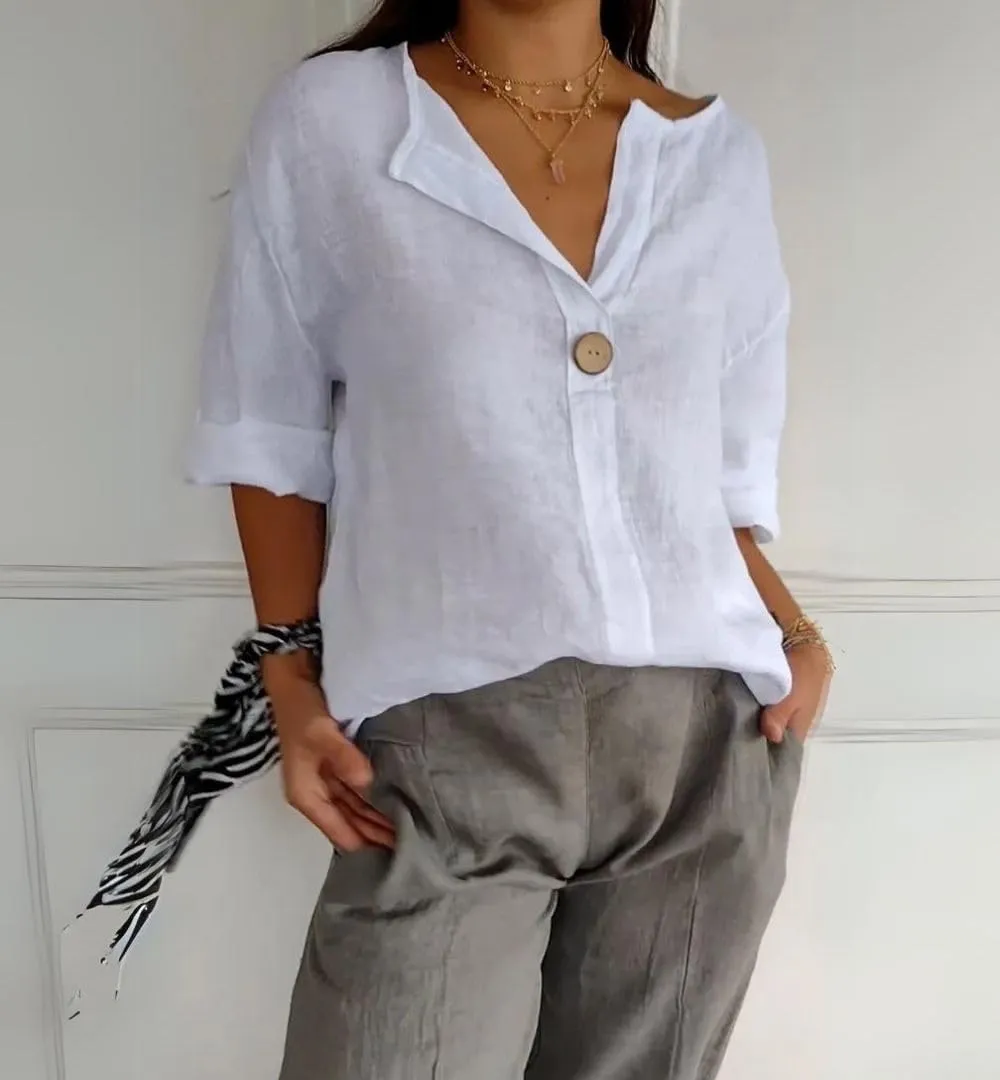 Cotton Linen Shirts for Women Summer Casual Button V Neck Blouse Comfy Loose Women's Fashion 3/4 Sleeve Pullover Tops