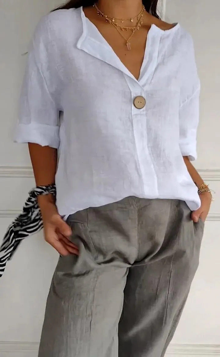 Cotton Linen Shirts for Women Summer Casual Button V Neck Blouse Comfy Loose Women's Fashion 3/4 Sleeve Pullover Tops