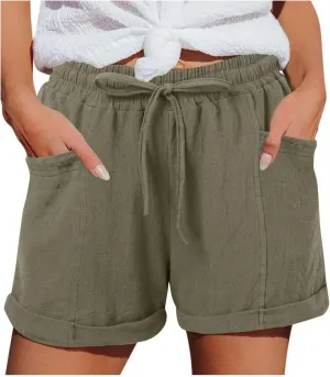 Cotton Linen Womens Shorts Baggy Comfy Beach Vacation Clothes Lightweight Workout Shorts Bottoms with Side Pockets